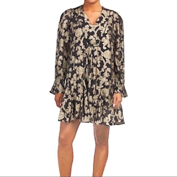 Anthropologie Black Metallic Dress Gold Foil Embroidery and Long Sleeves XS NWT - Picture 1 of 7